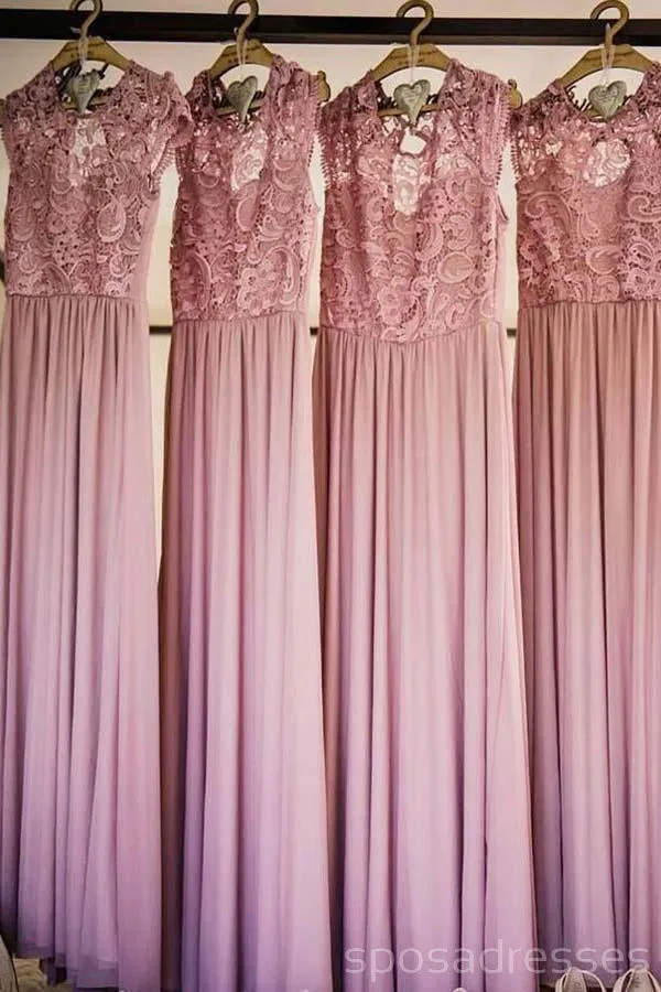 Cap Sleeve Illusion Lace Pink Long Cheap Bridesmaid Dresses Online, WG258