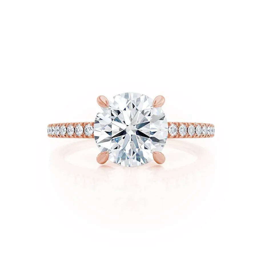 CATALINA - Round Moissanite 18k Rose Gold Shoulder Set Ring