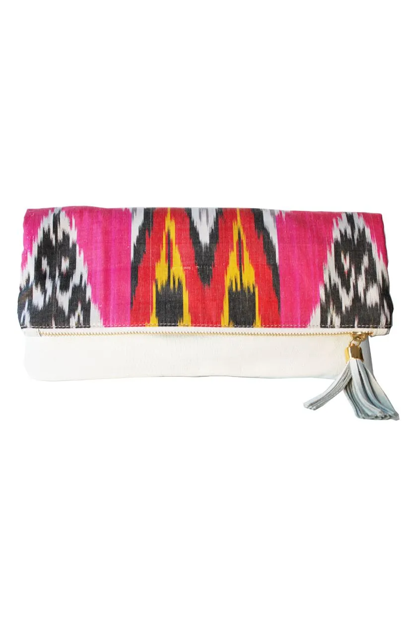 Cece White Embossed Python Reversing to Ikat Silk Foldover Clutch