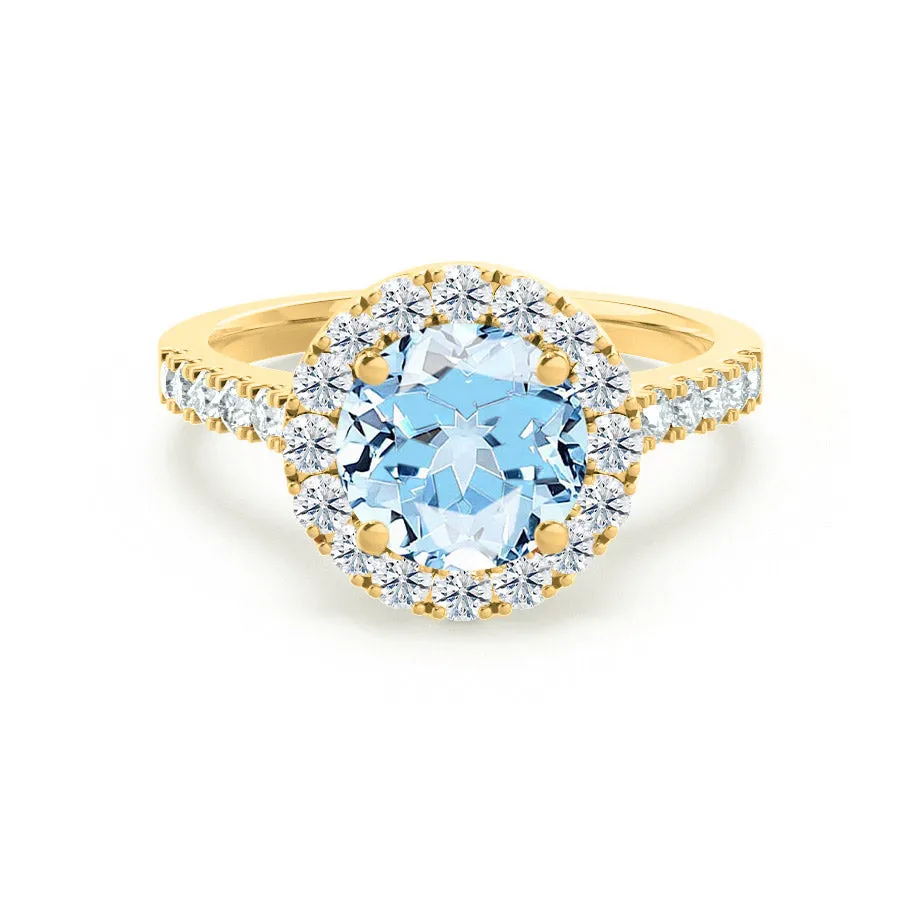 CECILY - Chatham® Lab Grown Aqua Spinel & Diamond 18k Yellow Gold Halo Ring