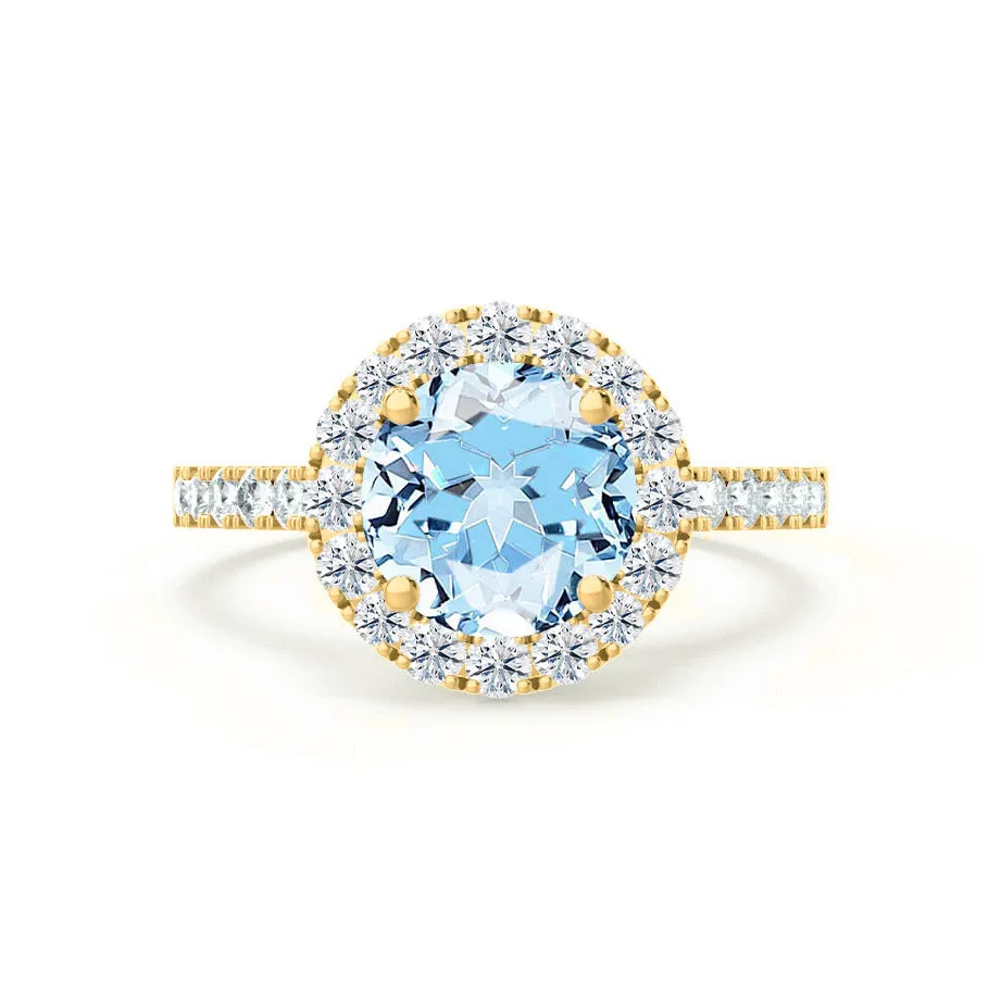 CECILY - Chatham® Lab Grown Aqua Spinel & Diamond 18k Yellow Gold Halo Ring