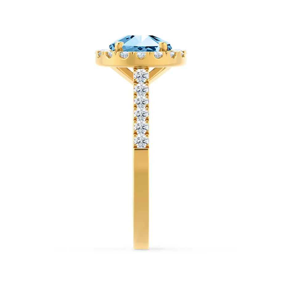 CECILY - Chatham® Lab Grown Aqua Spinel & Diamond 18k Yellow Gold Halo Ring