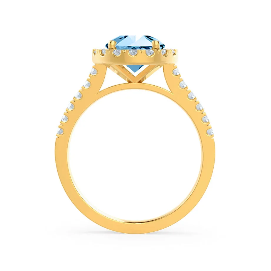 CECILY - Chatham® Lab Grown Aqua Spinel & Diamond 18k Yellow Gold Halo Ring