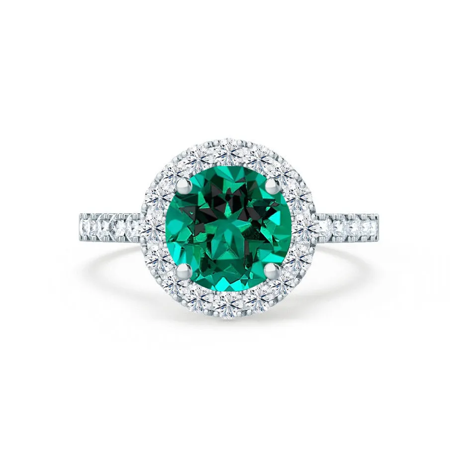 CECILY - Chatham® Lab Grown Emerald & Diamond Platinum 950 Halo Ring