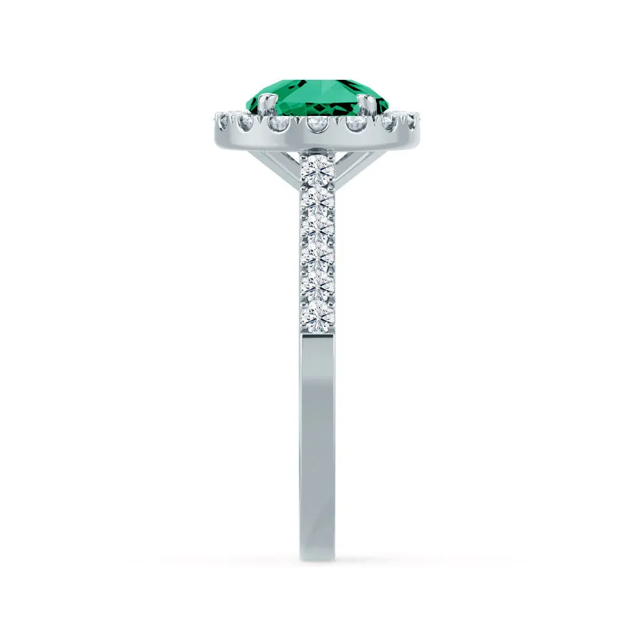 CECILY - Chatham® Lab Grown Emerald & Diamond Platinum 950 Halo Ring