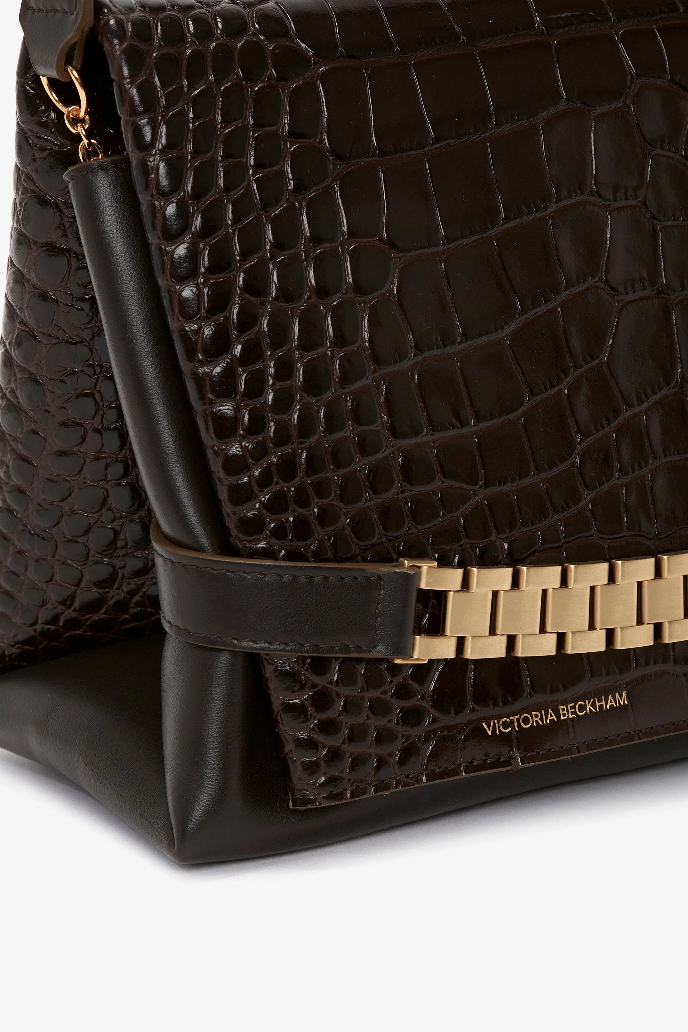 Chain Pouch With Strap In Chocolate Croc-Effect Leather