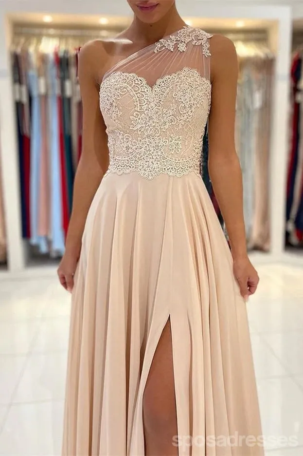 Champagne A-line One Shoulder High Slit Long Prom Dresses Online,12838