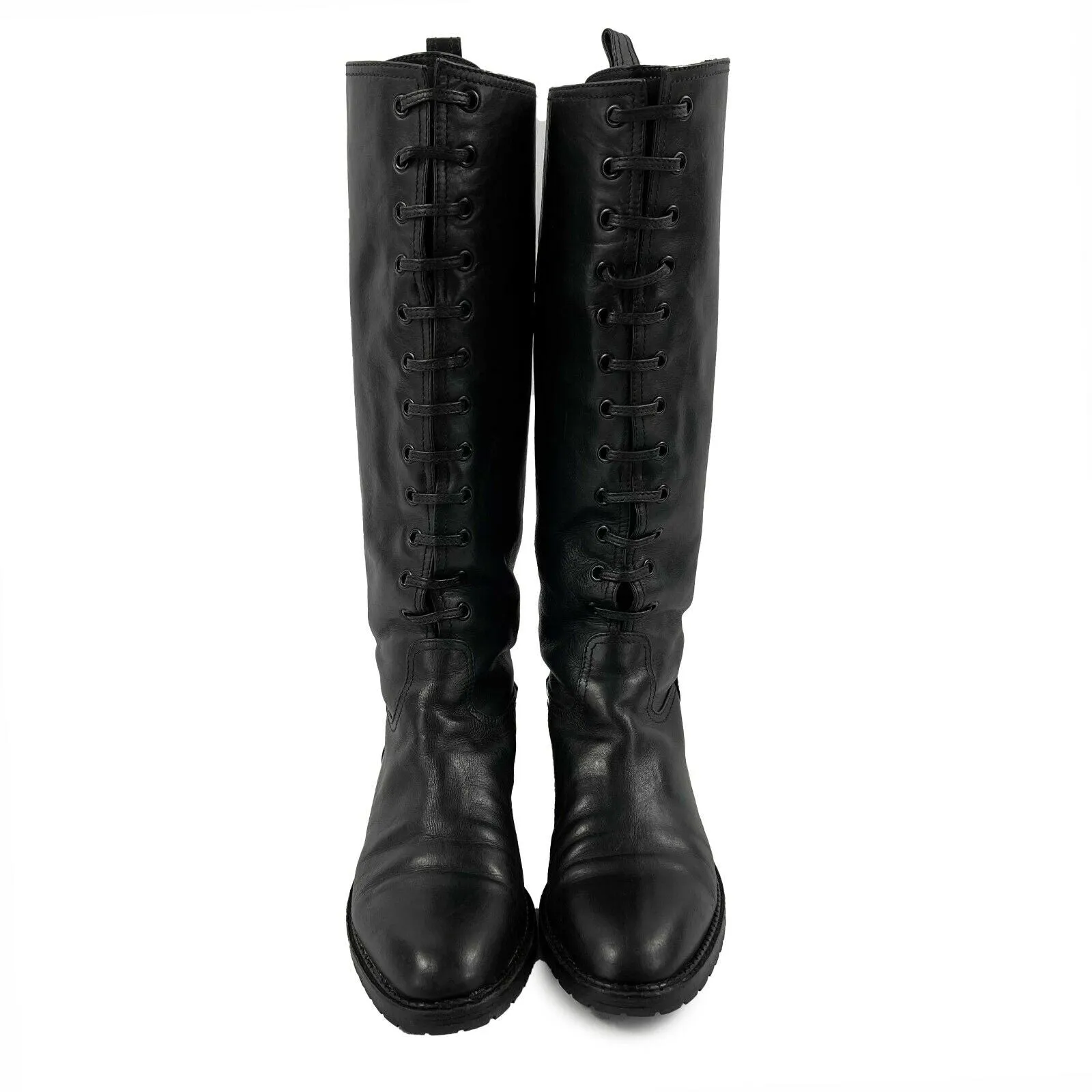 CHANEL - Black Knee-High Leather Lace-Up Biker Boots FR 36 US 6