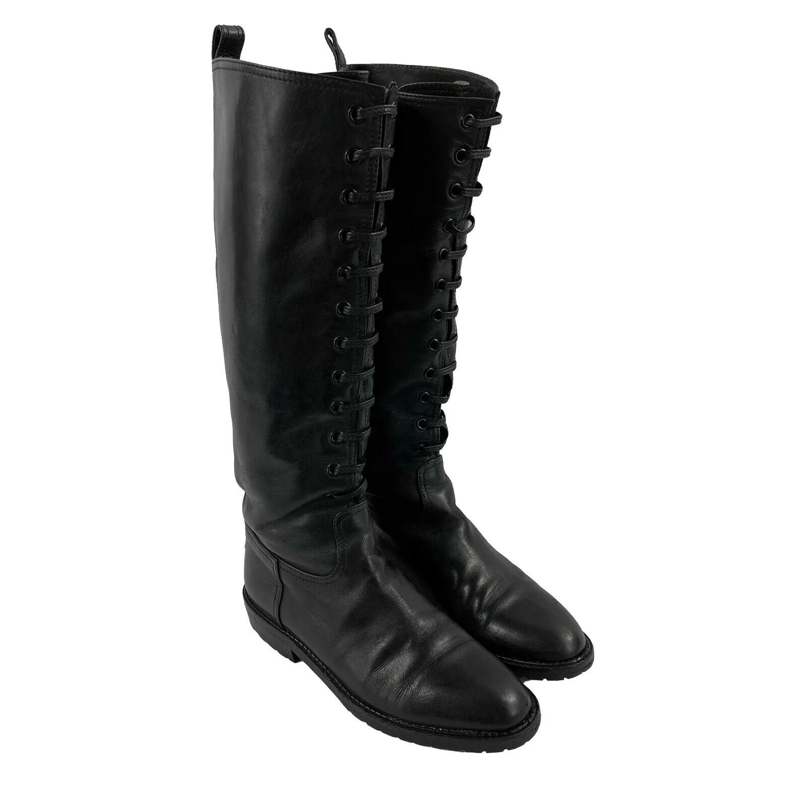 CHANEL - Black Knee-High Leather Lace-Up Biker Boots FR 36 US 6