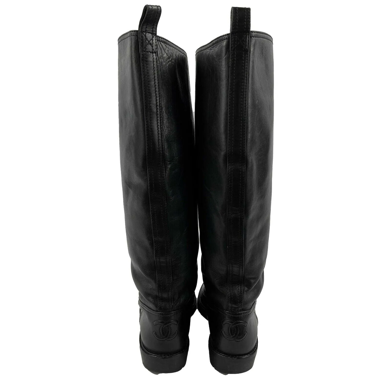 CHANEL - Black Knee-High Leather Lace-Up Biker Boots FR 36 US 6