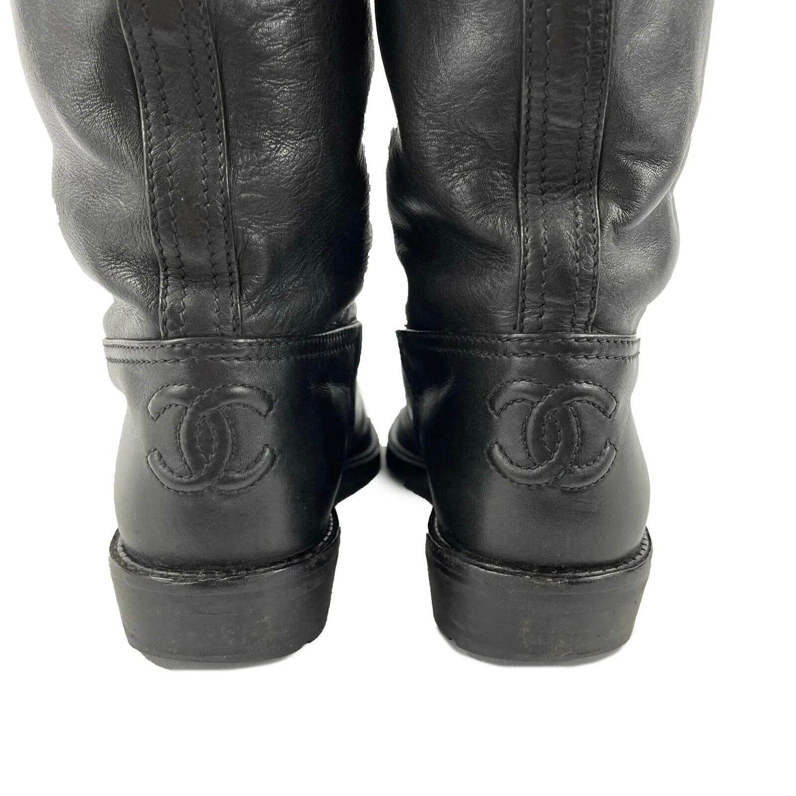 CHANEL - Black Knee-High Leather Lace-Up Biker Boots FR 36 US 6