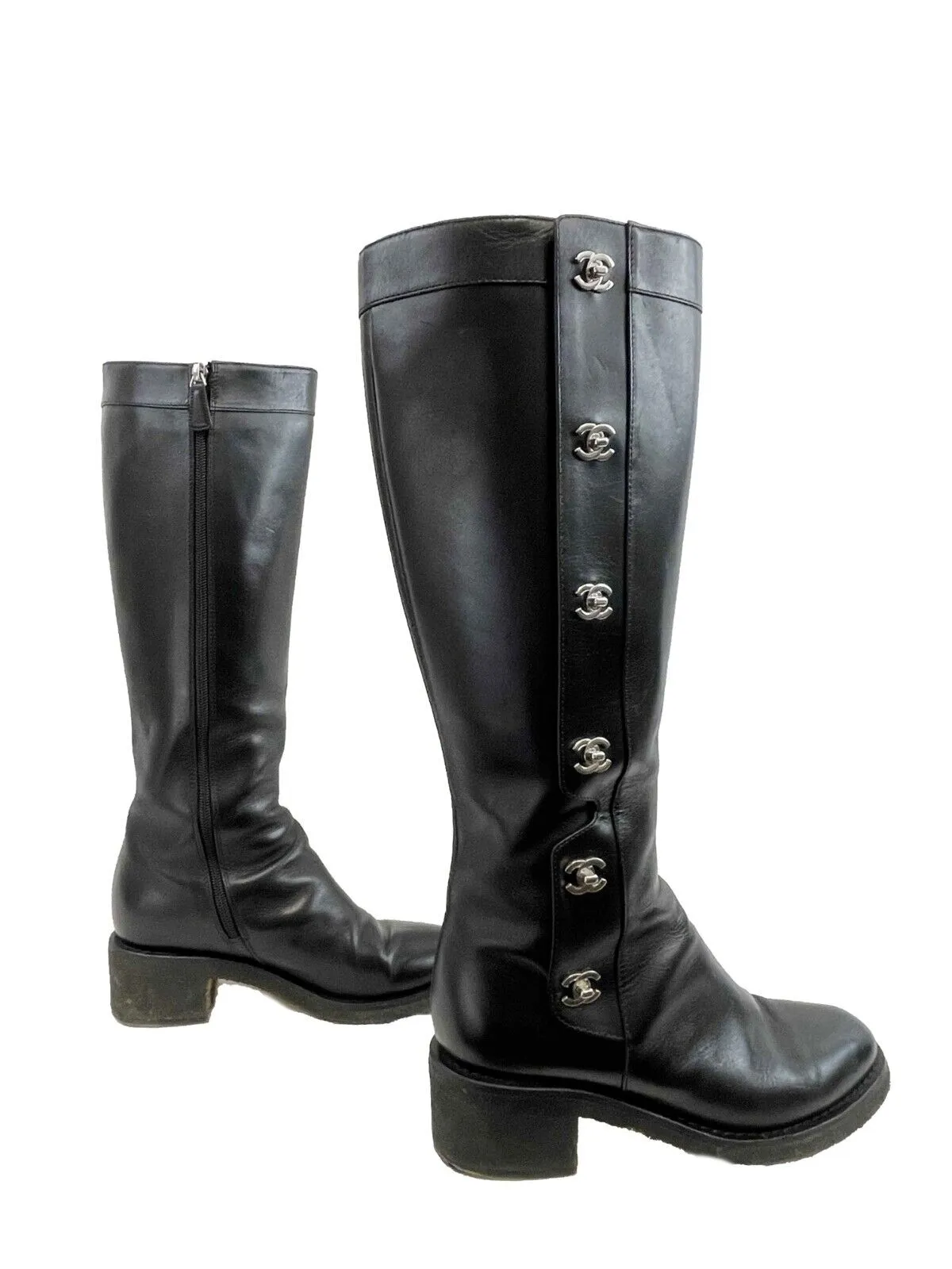 Chanel Calfskin Leather CC Turnlock High Boots Black - 38.5 US 8.5