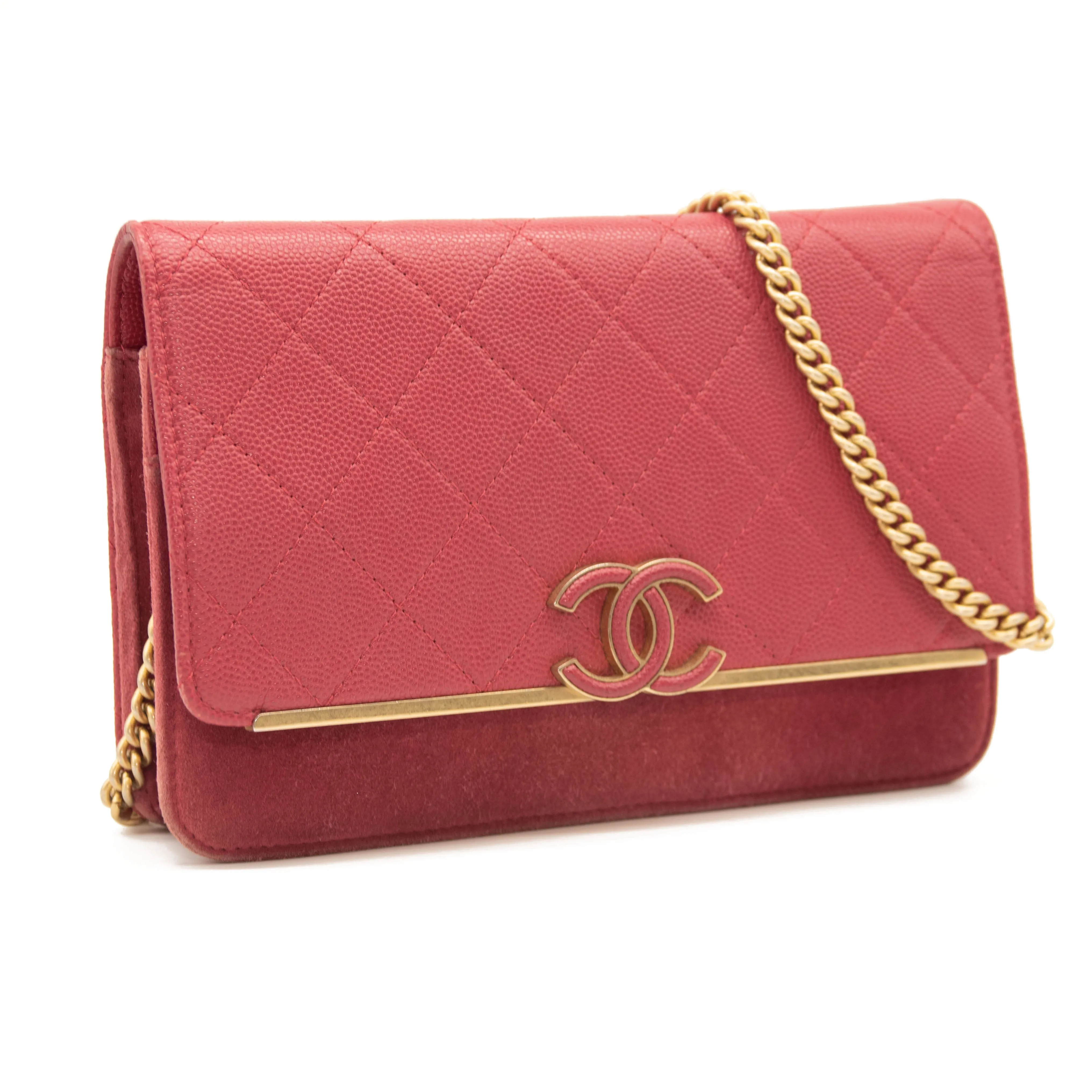 Chanel Grained Calfskin Stitched Small WOC CC Flap Bag Pink Chain Flap