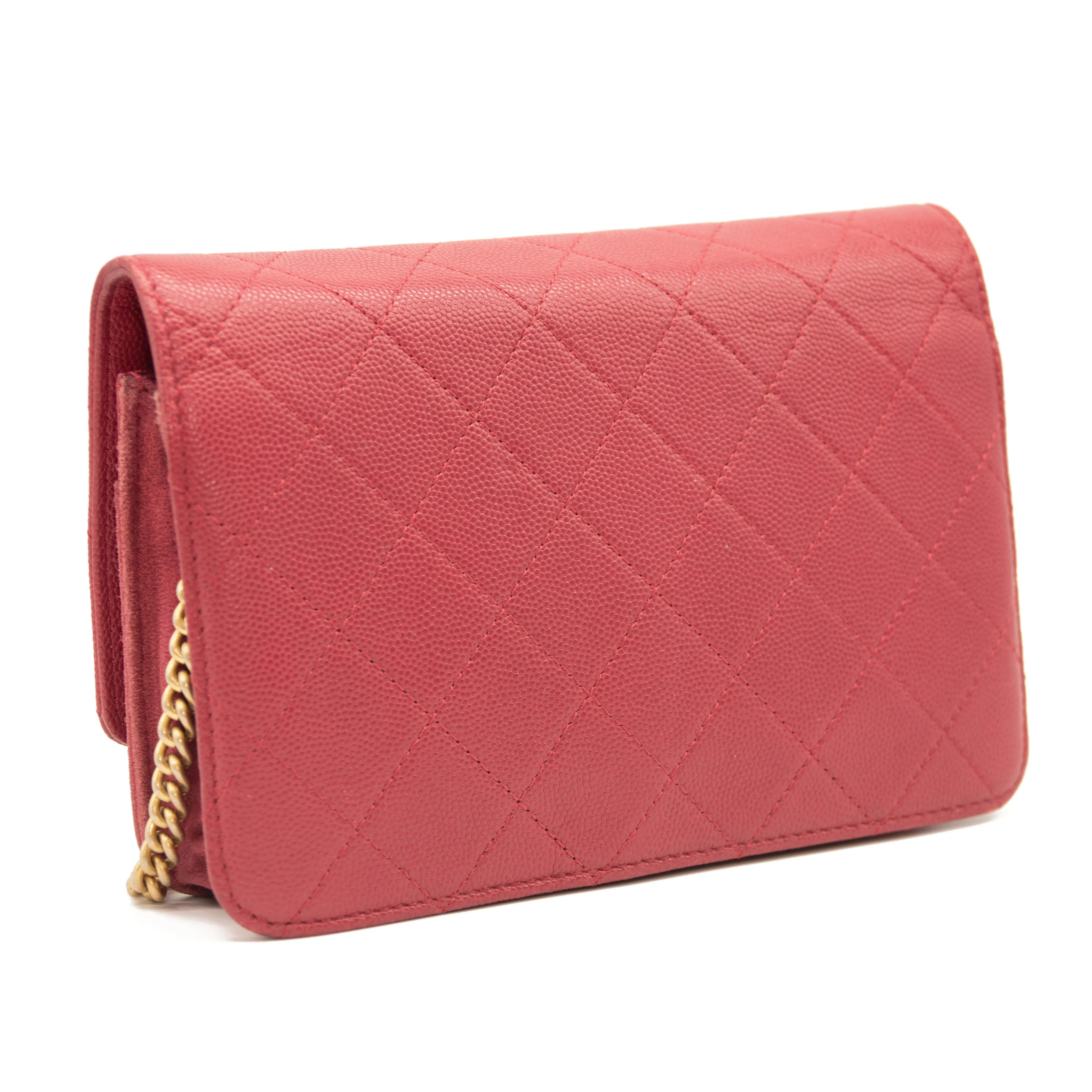 Chanel Grained Calfskin Stitched Small WOC CC Flap Bag Pink Chain Flap