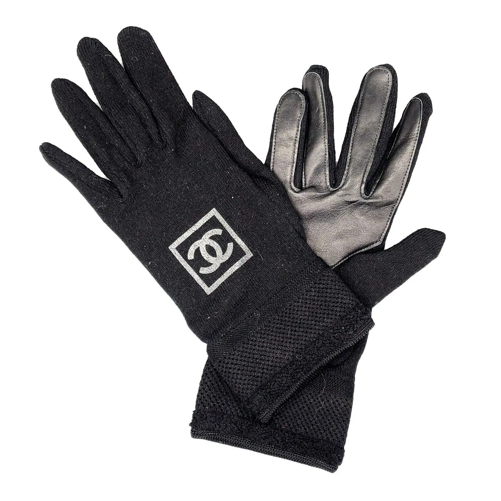 CHANEL - Knit Wool Lambskin Black Leather - Sport Gloves - CC Logo - Size M