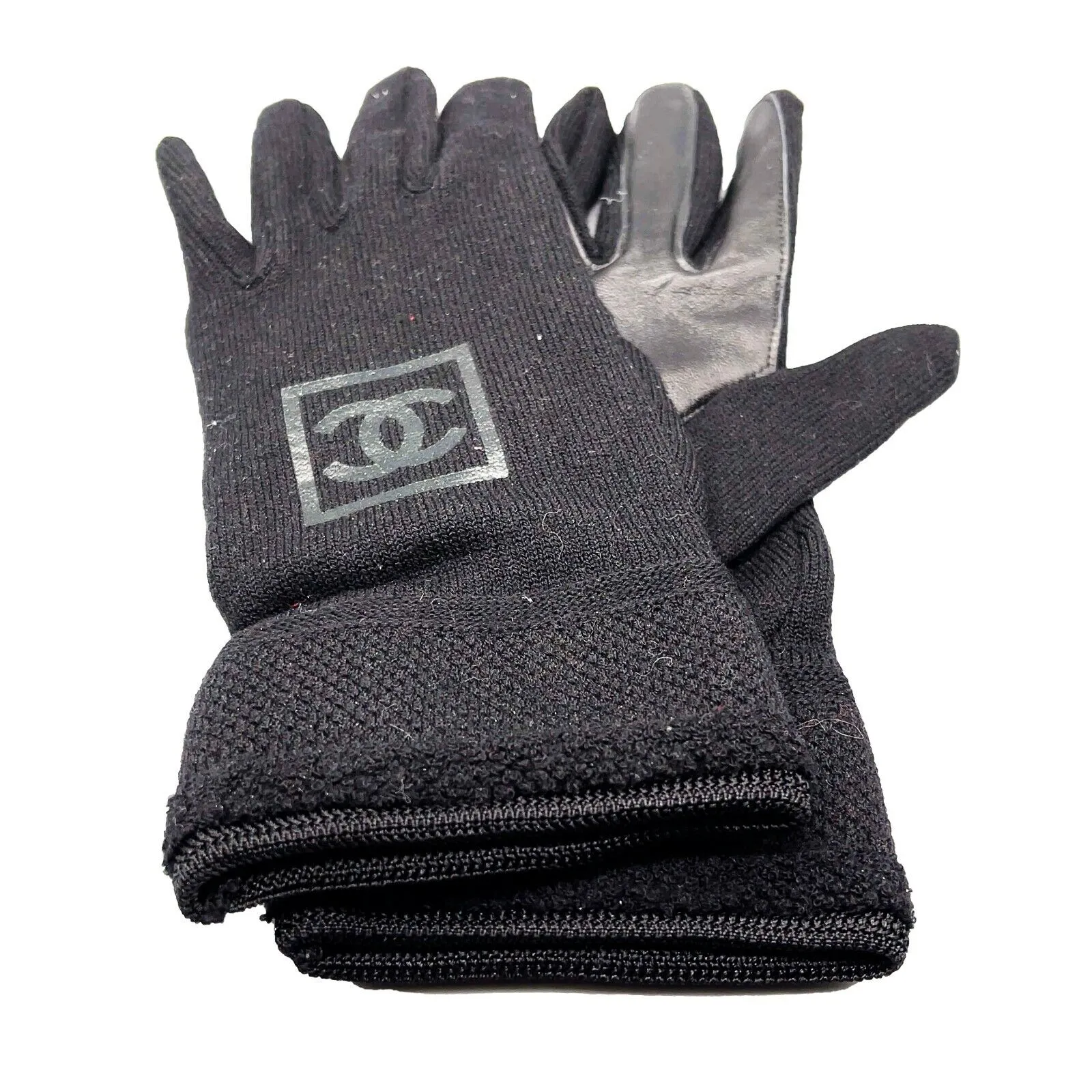 CHANEL - Knit Wool Lambskin Black Leather - Sport Gloves - CC Logo - Size M