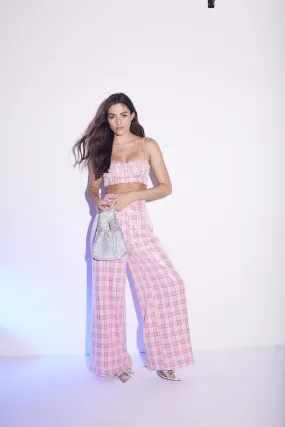 Cher Co-ord Diamante Trim Crop Top - Pink Check Sequin