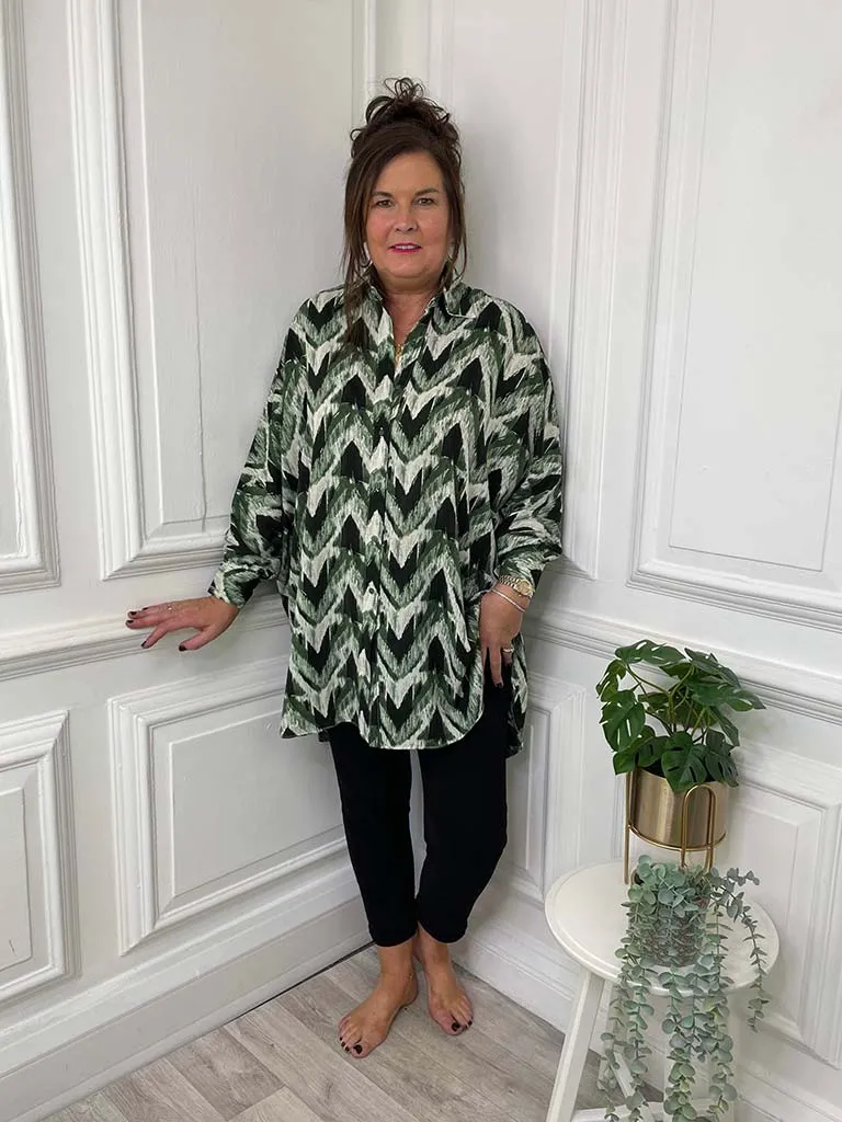 Chevron Print Shirt Tunic - Forest