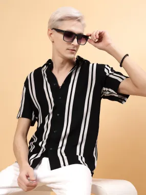 Classic Men's Slim Fit Rayon Black Stripes Shirt