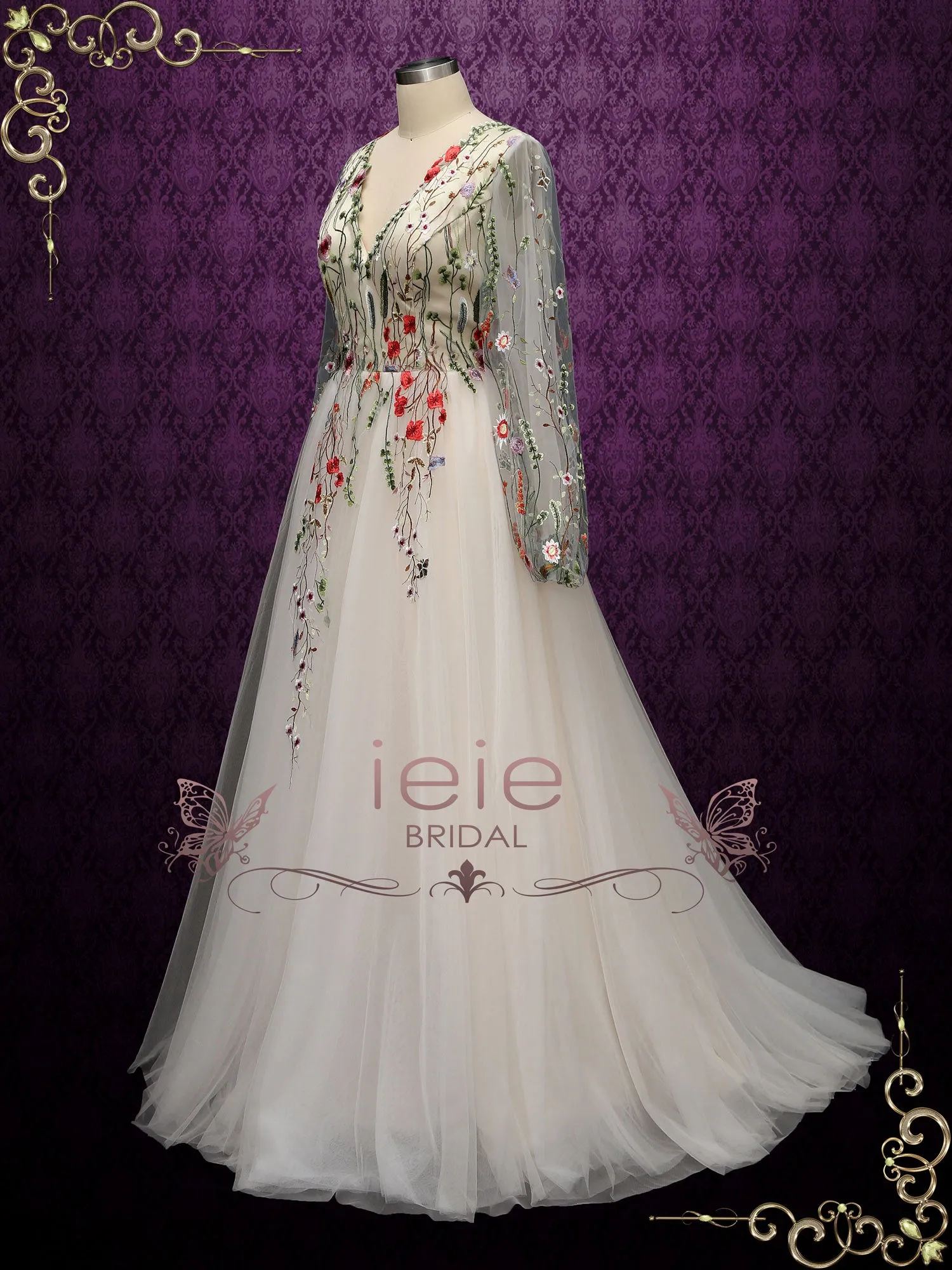 Colored Floral Lace Wedding Dress with Sleeves ALBA