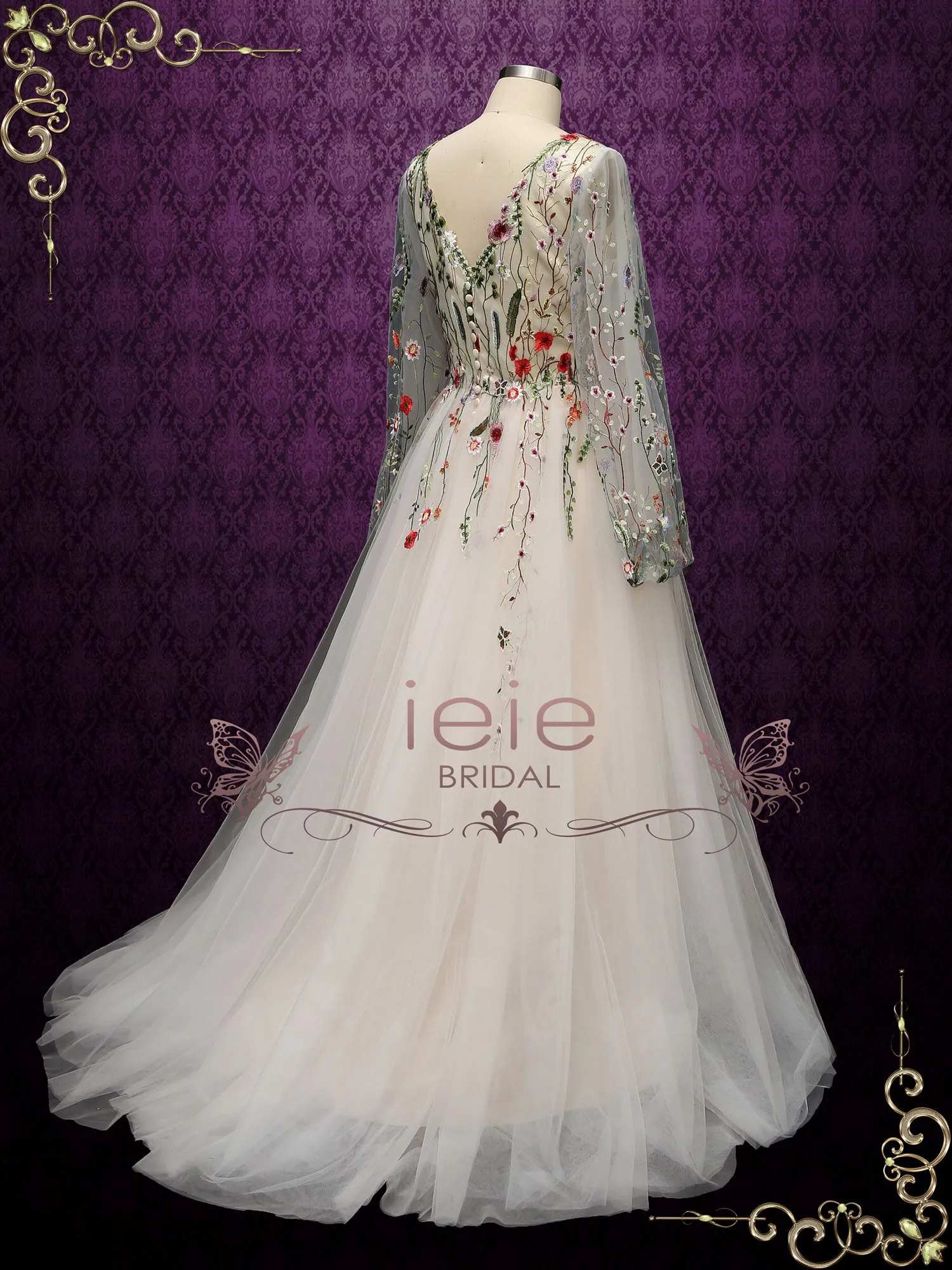 Colored Floral Lace Wedding Dress with Sleeves ALBA