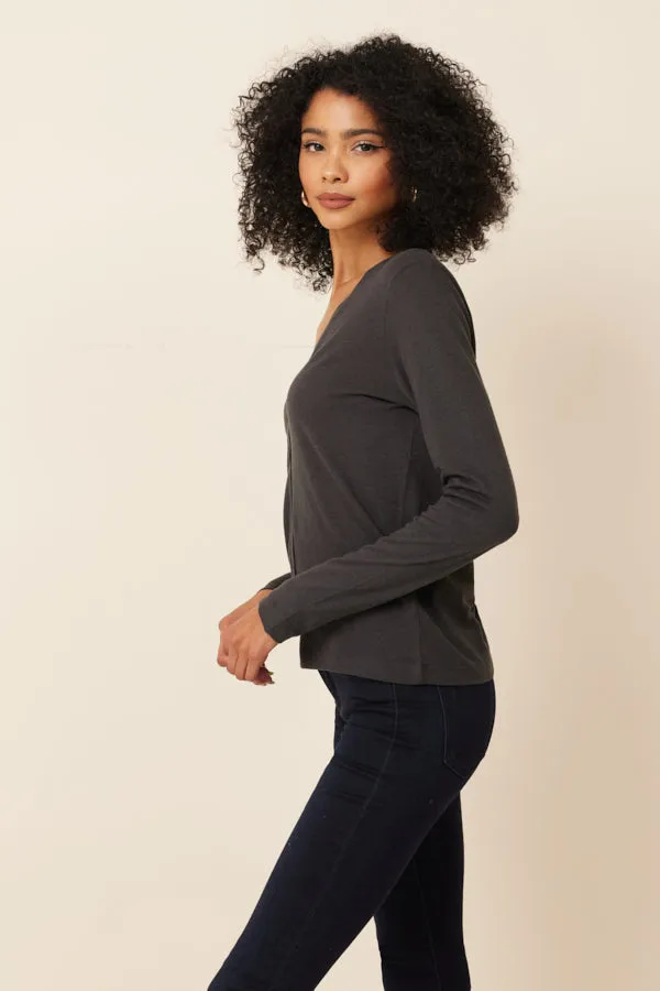 Cotton Cashmere Long Sleeve V-Neck Cardigan in Anthracite Chine