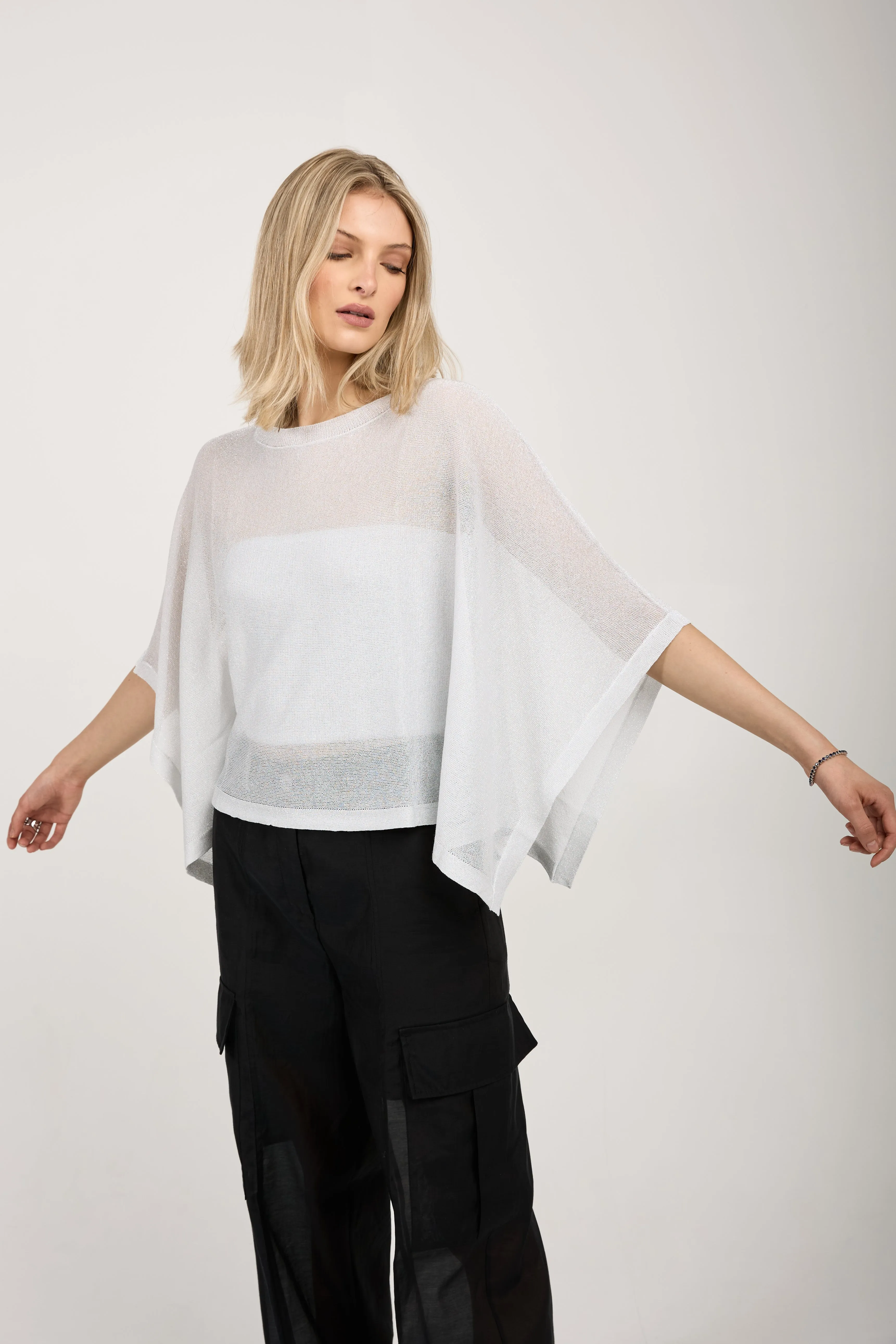 Cotton Knit Kimono Top in White with Silver Lurex