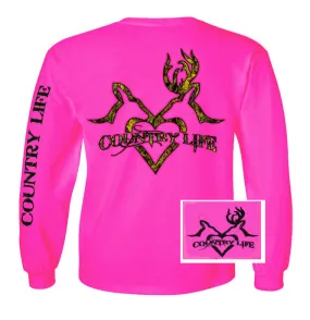 Country Life Outfitters Pink Deer Kiss Heart Love Hunt Vintage Long Sleeve Bright T Shirt