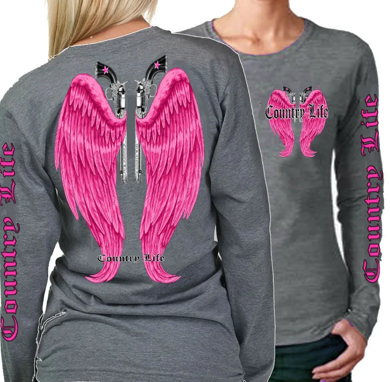 Country Life Outfitters Wings Guns Vintage Gray & Pink Long Sleeve Bright T Shirt