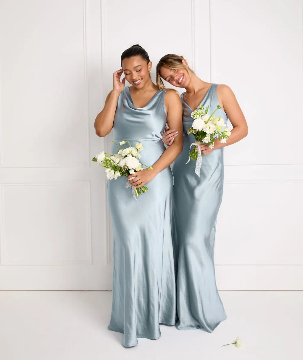 Cowl Front Satin Bridesmaid Dress - Dusty Blue