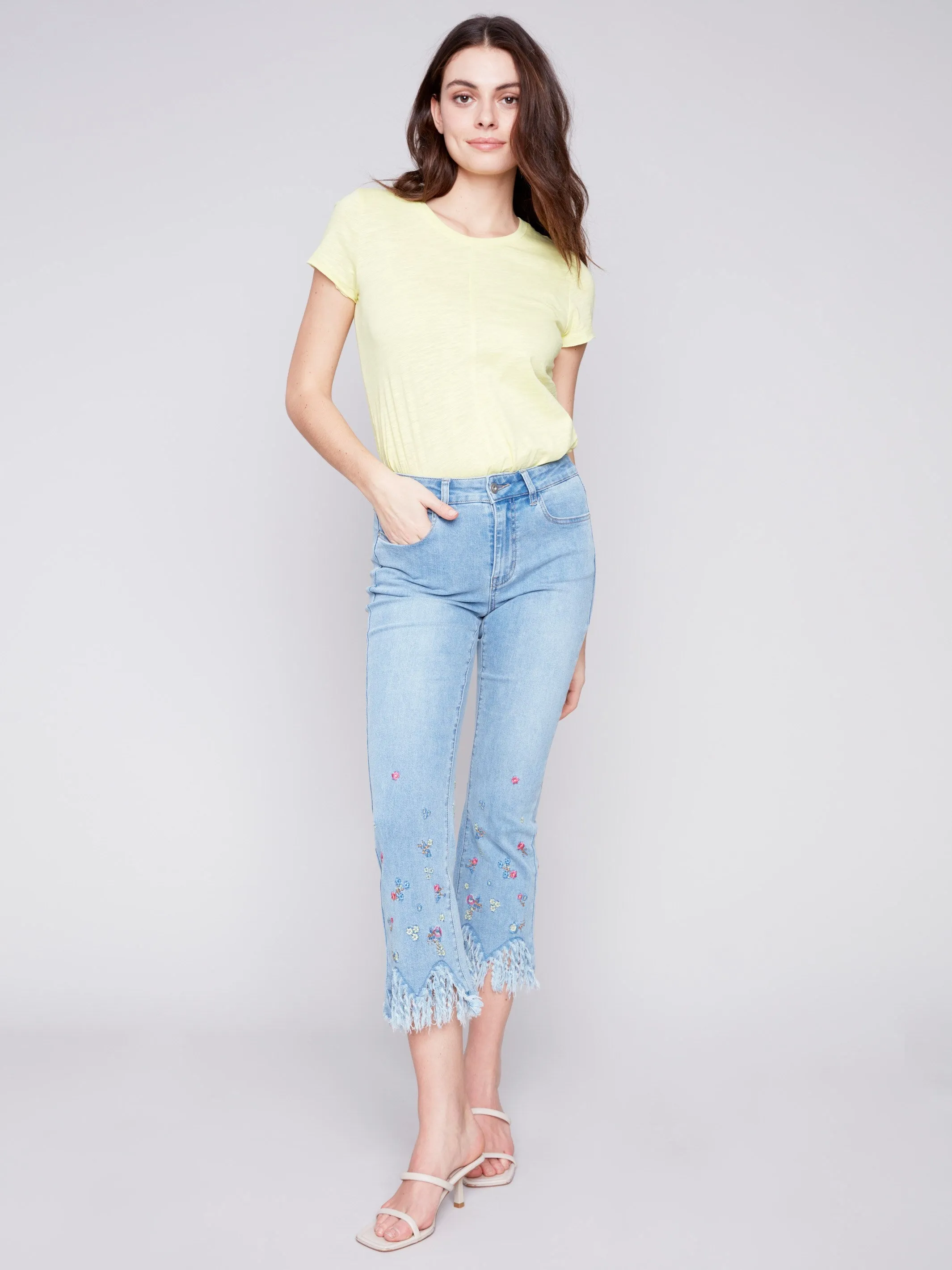 Cropped Jeans with Embroidered Fringed Hem - Light Blue