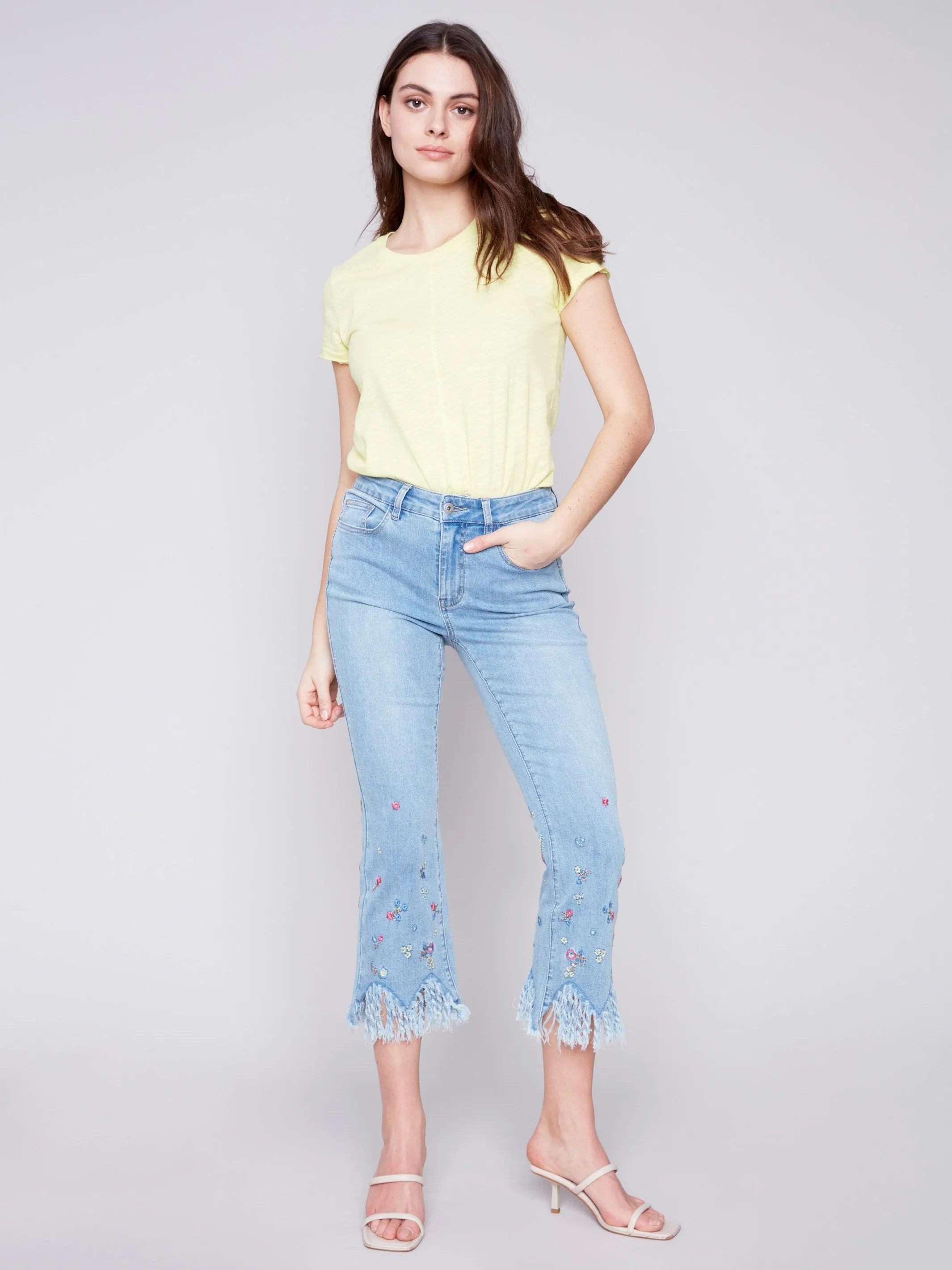 Cropped Jeans with Embroidered Fringed Hem - Light Blue