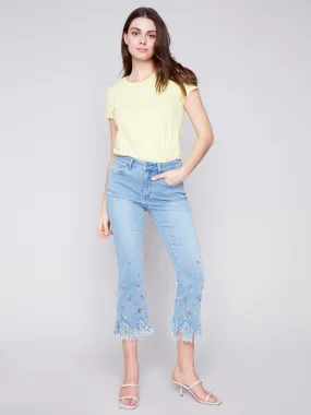 Cropped Jeans with Embroidered Fringed Hem - Light Blue