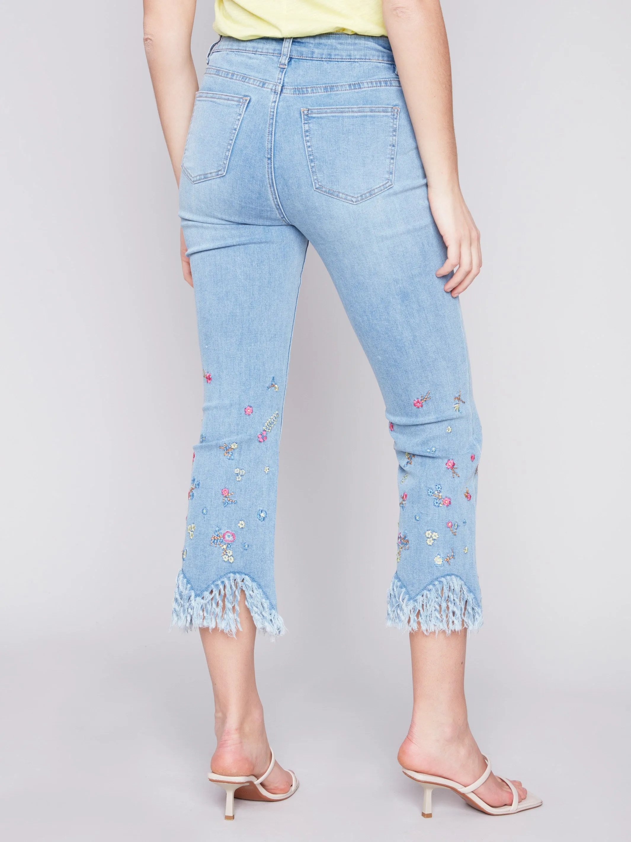 Cropped Jeans with Embroidered Fringed Hem - Light Blue