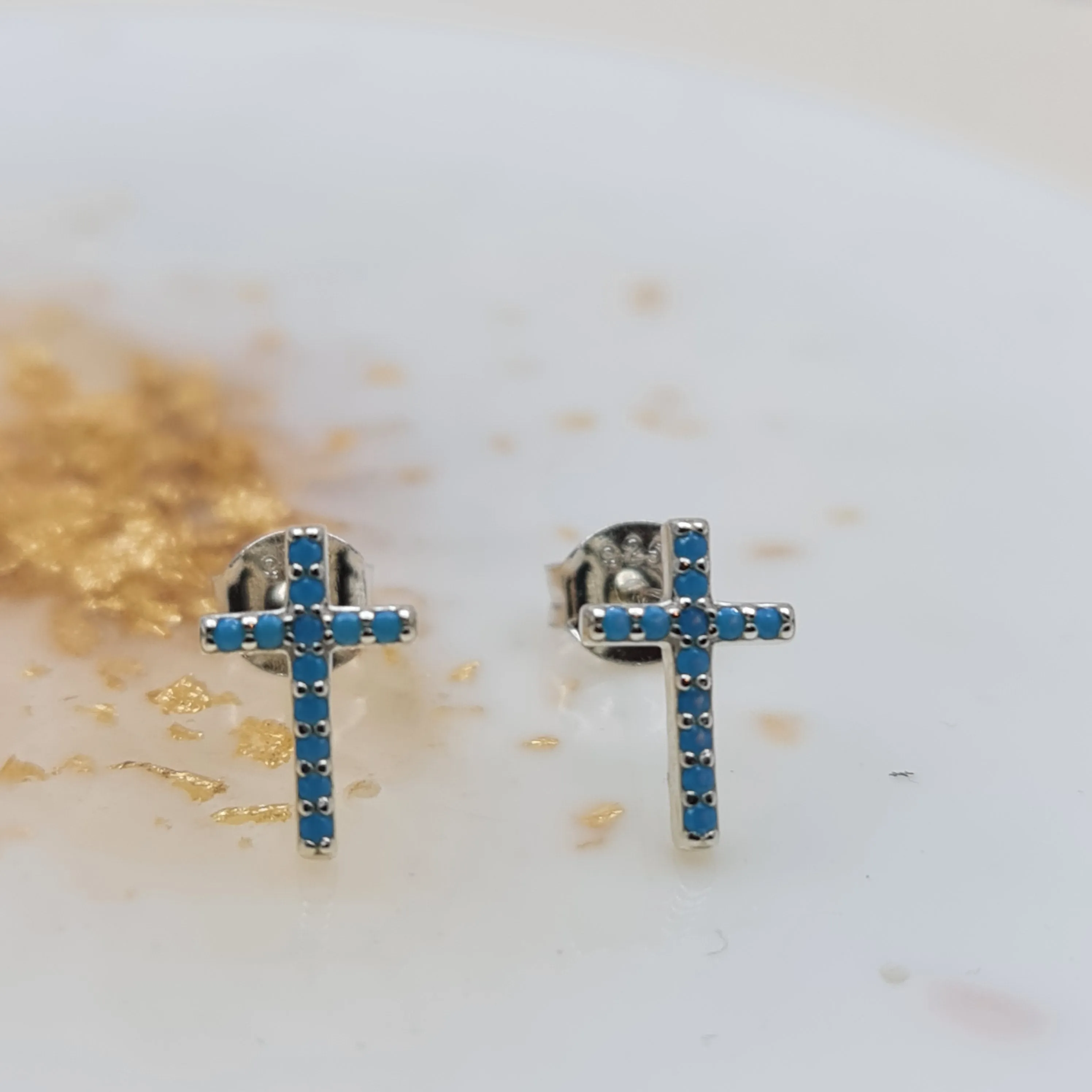 cross earring studs turquoise blue