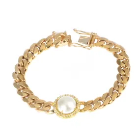 Cuban Link Bracelet with Australian Pearl Slice and Diamond Frame