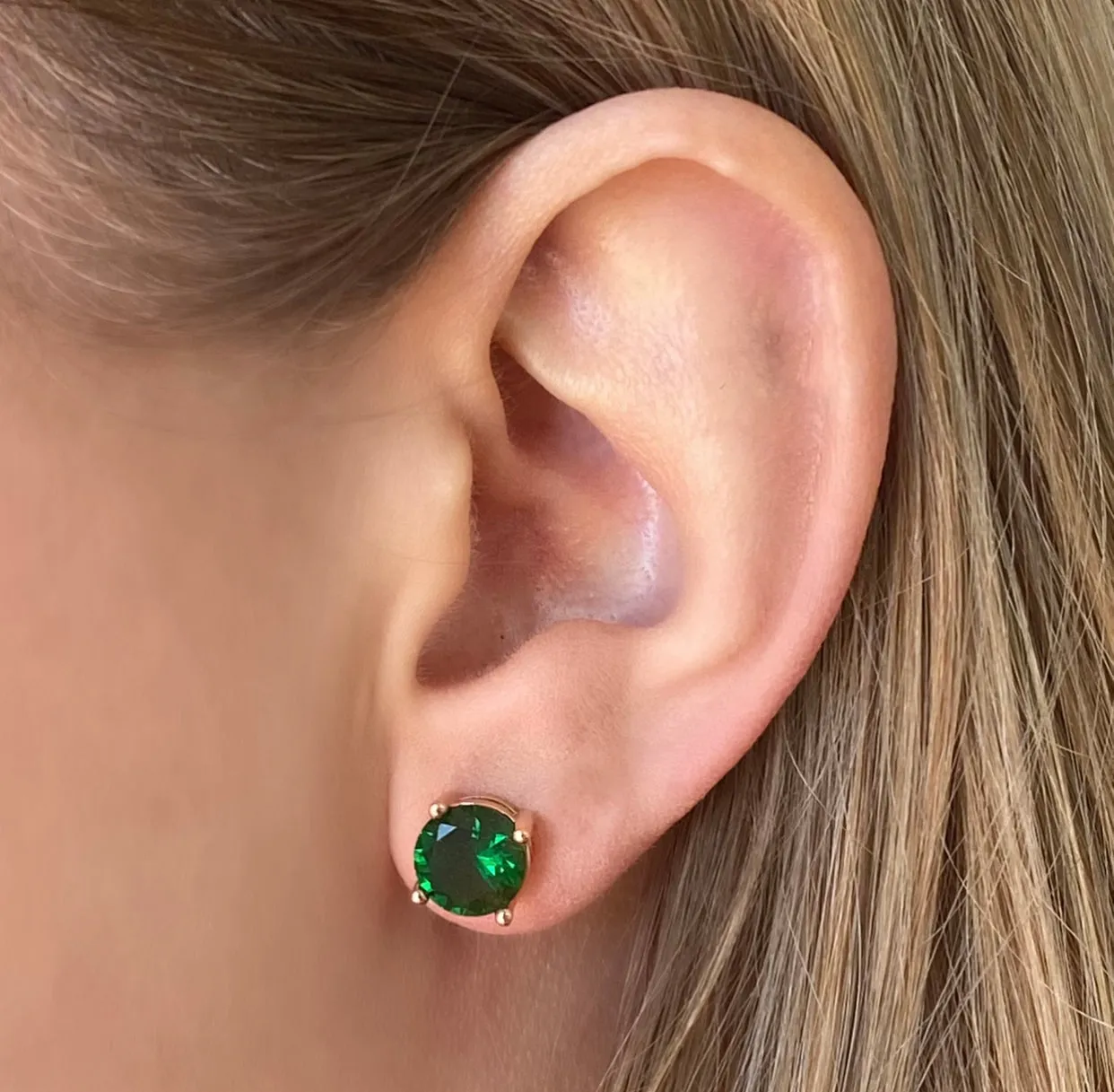 Cubic Zirconia Rose Gold Stud Earrings - Emerald