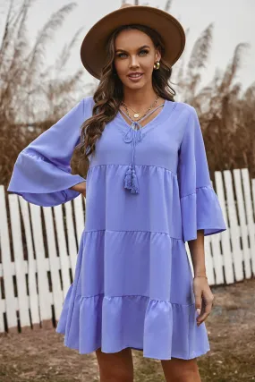 Cute Sky Blue Cotton Tiered Babydoll Tunic Dress