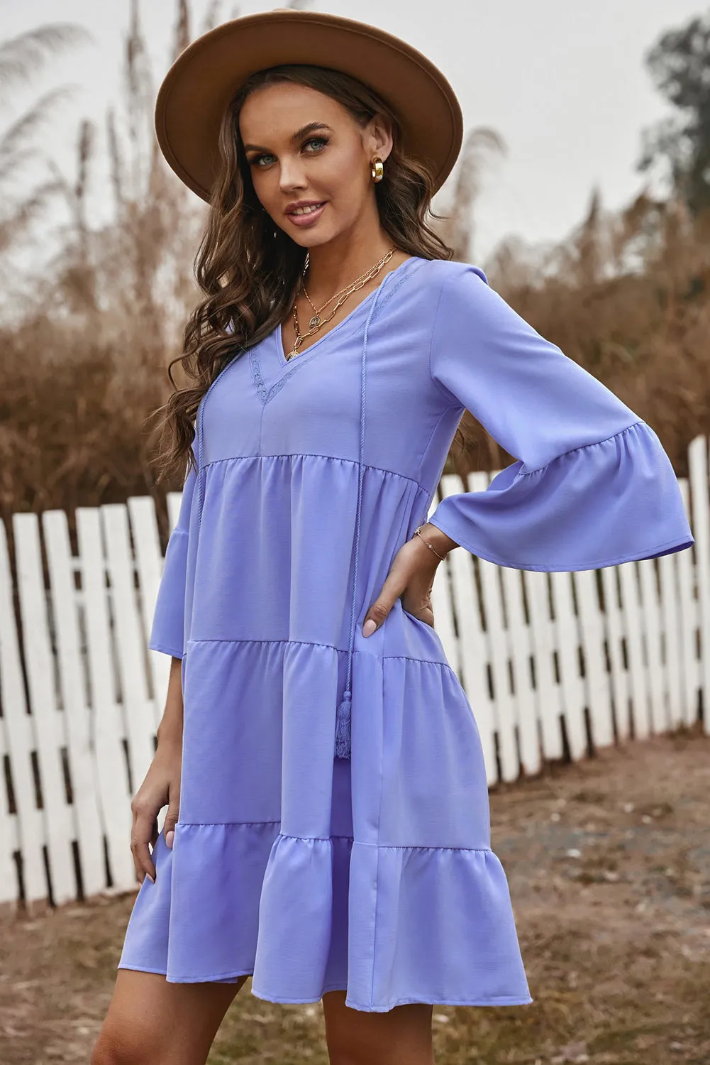 Cute Sky Blue Cotton Tiered Babydoll Tunic Dress