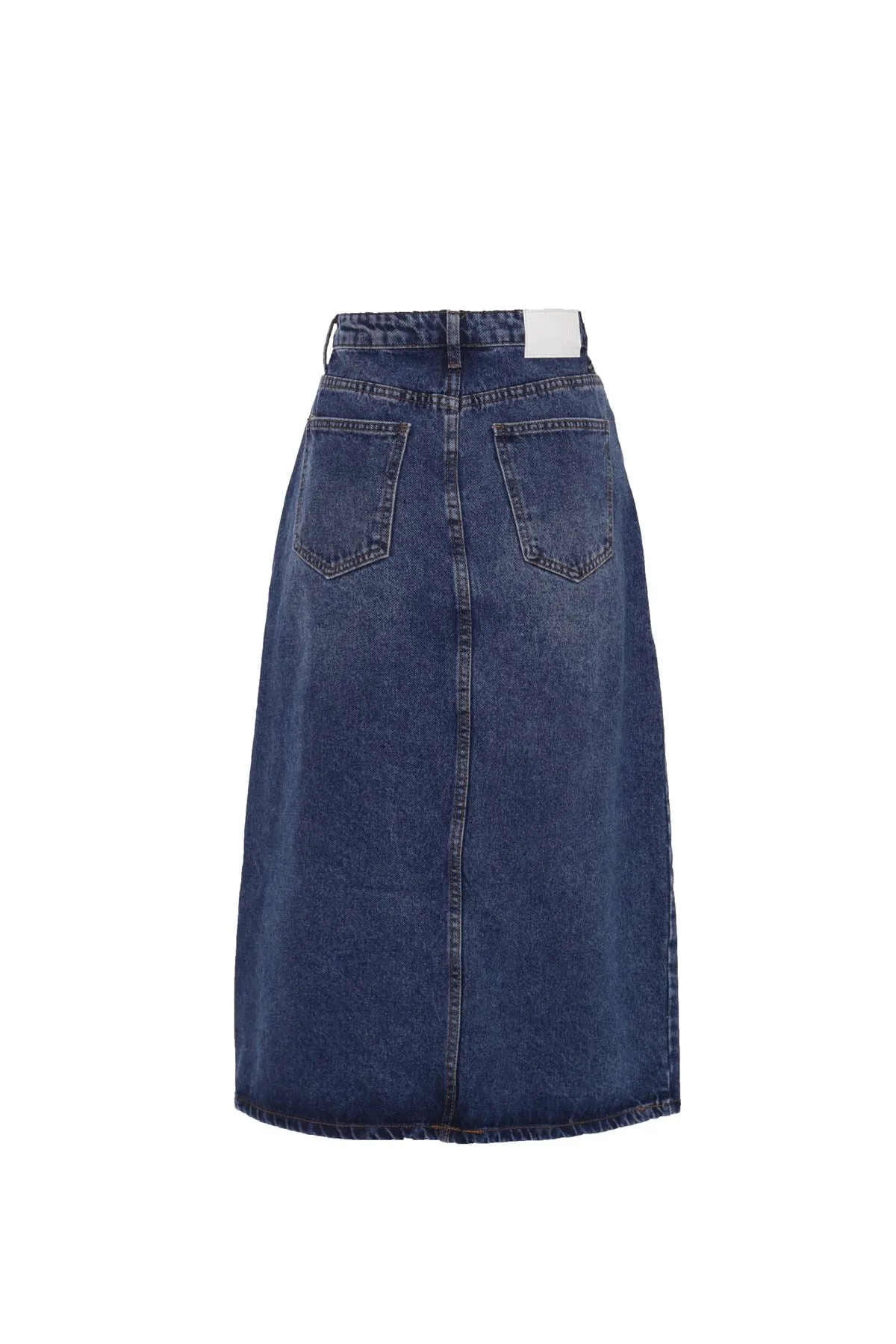 Dark Blue Stonewash Split High Waisted Midi Skirt