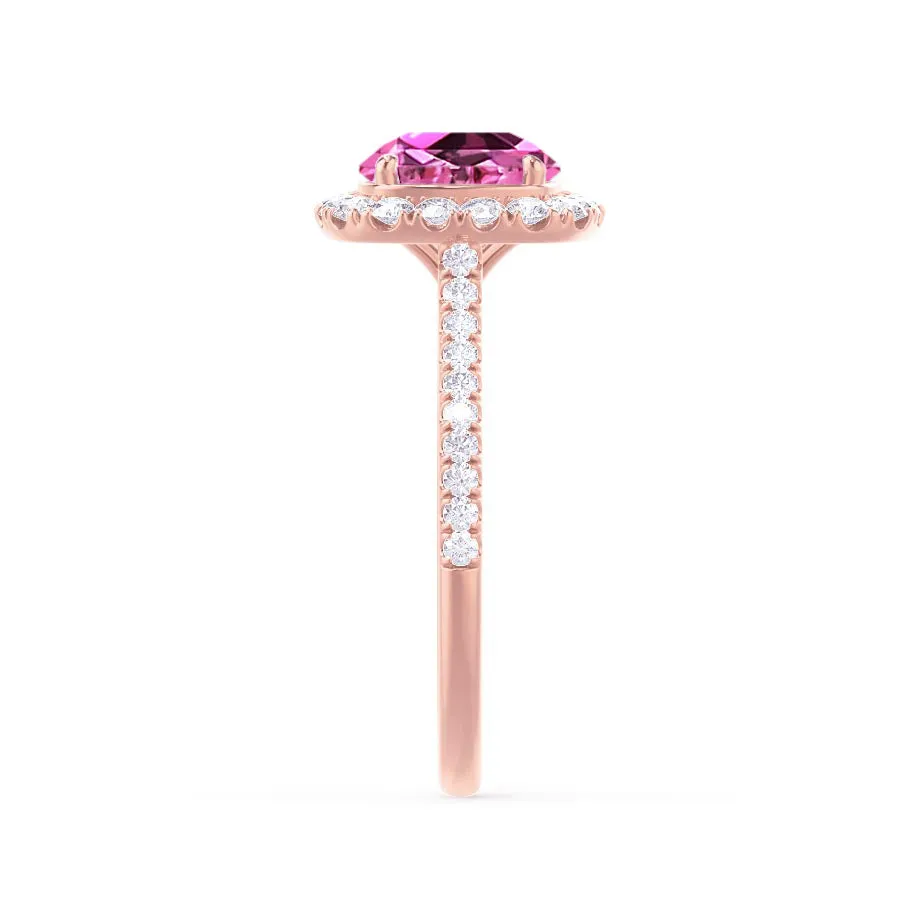 DARLEY - Chatham® Pink Sapphire Elongated Cushion Micro Pavé 18k Rose Gold Halo