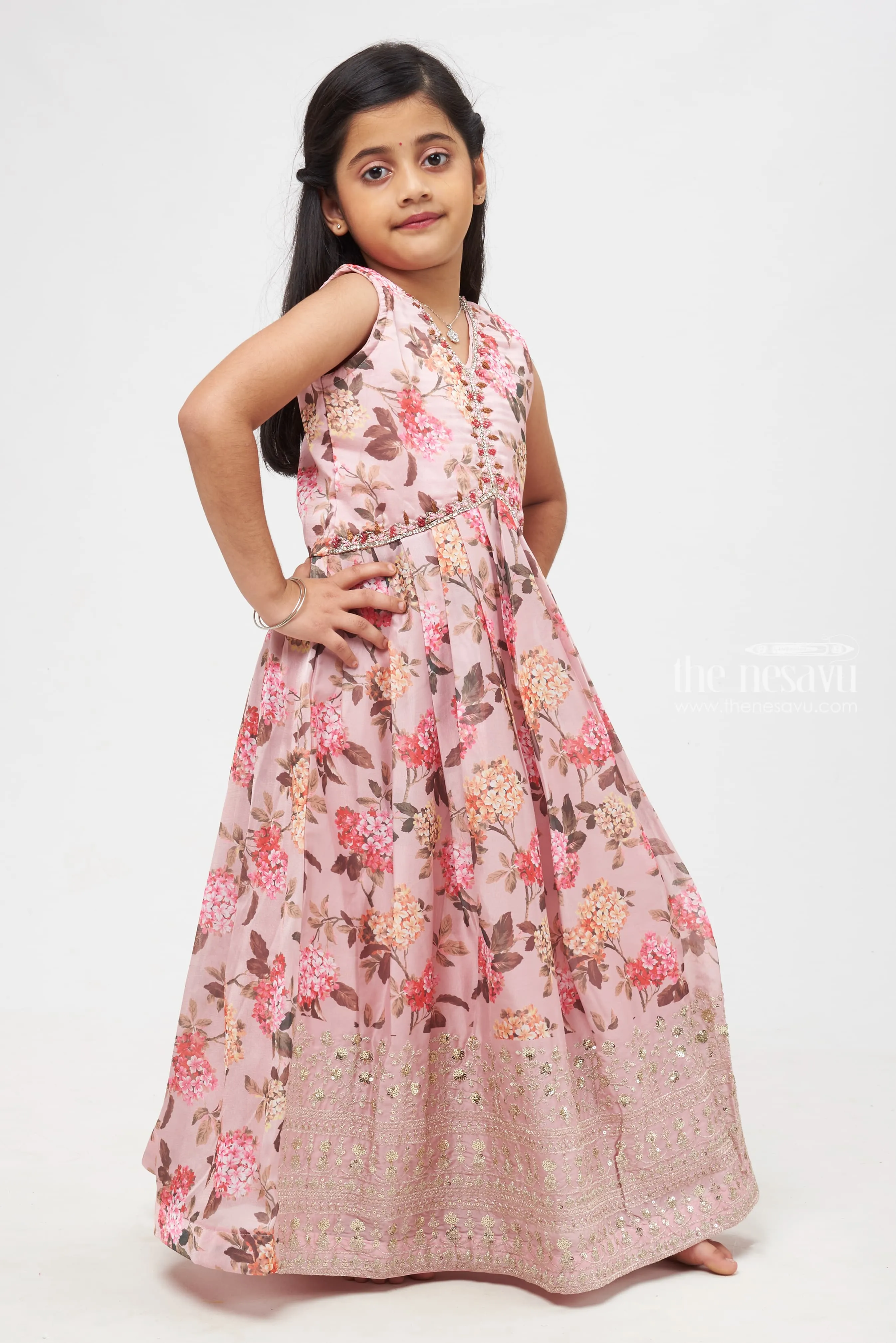 Delicate Blossom Diwali Gown with Shimmering Silver Detailing Anarkali for Girls