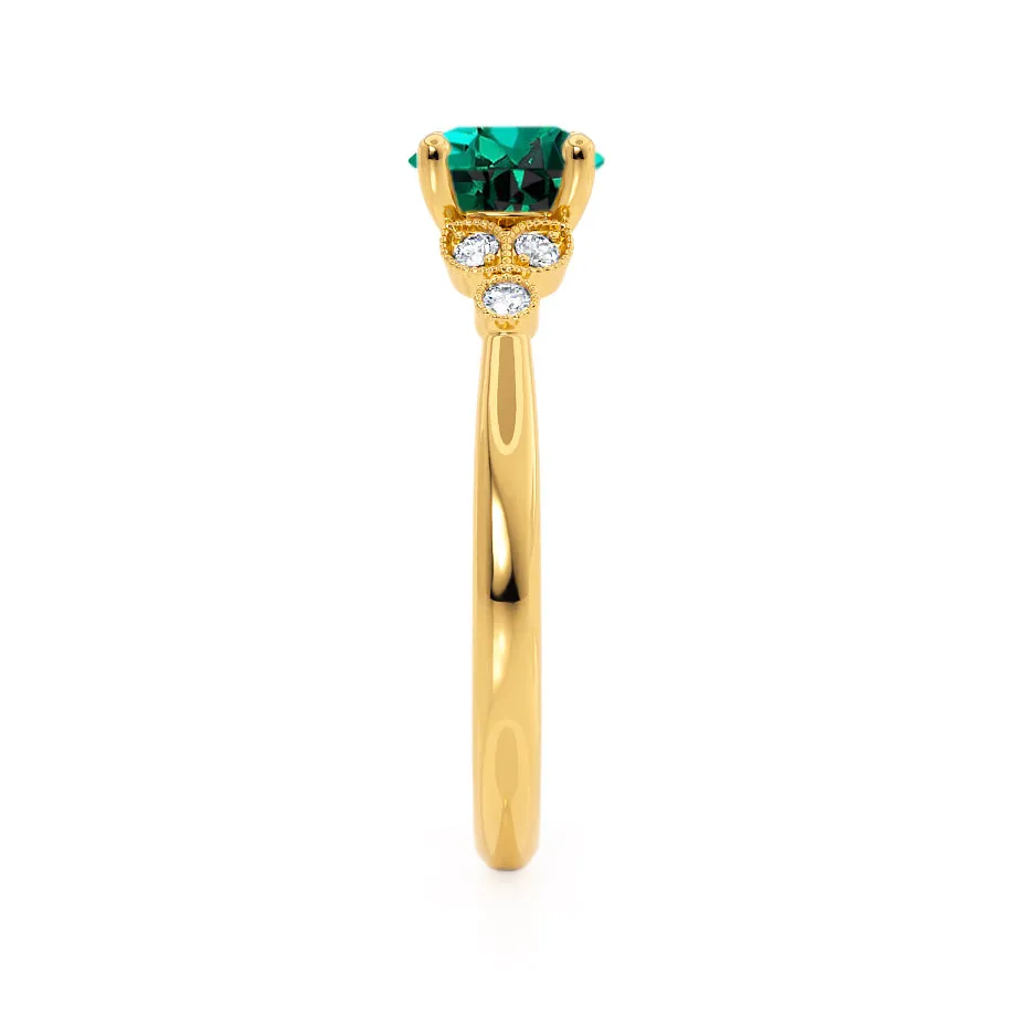 DELILAH - Chatham® Round Emerald 18k Yellow Gold Shoulder Set Ring