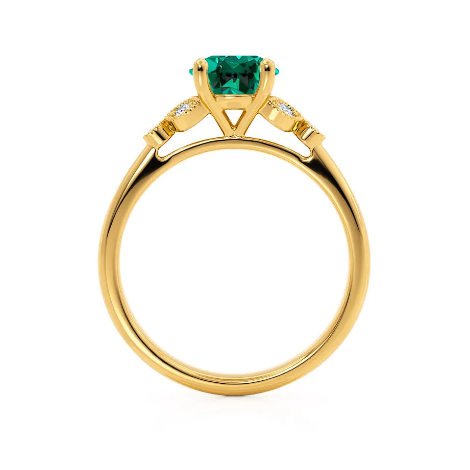 DELILAH - Chatham® Round Emerald 18k Yellow Gold Shoulder Set Ring