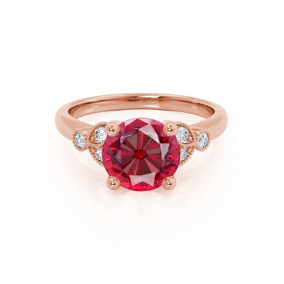 DELILAH - Chatham® Round Ruby 18k Rose Gold Shoulder Set Ring