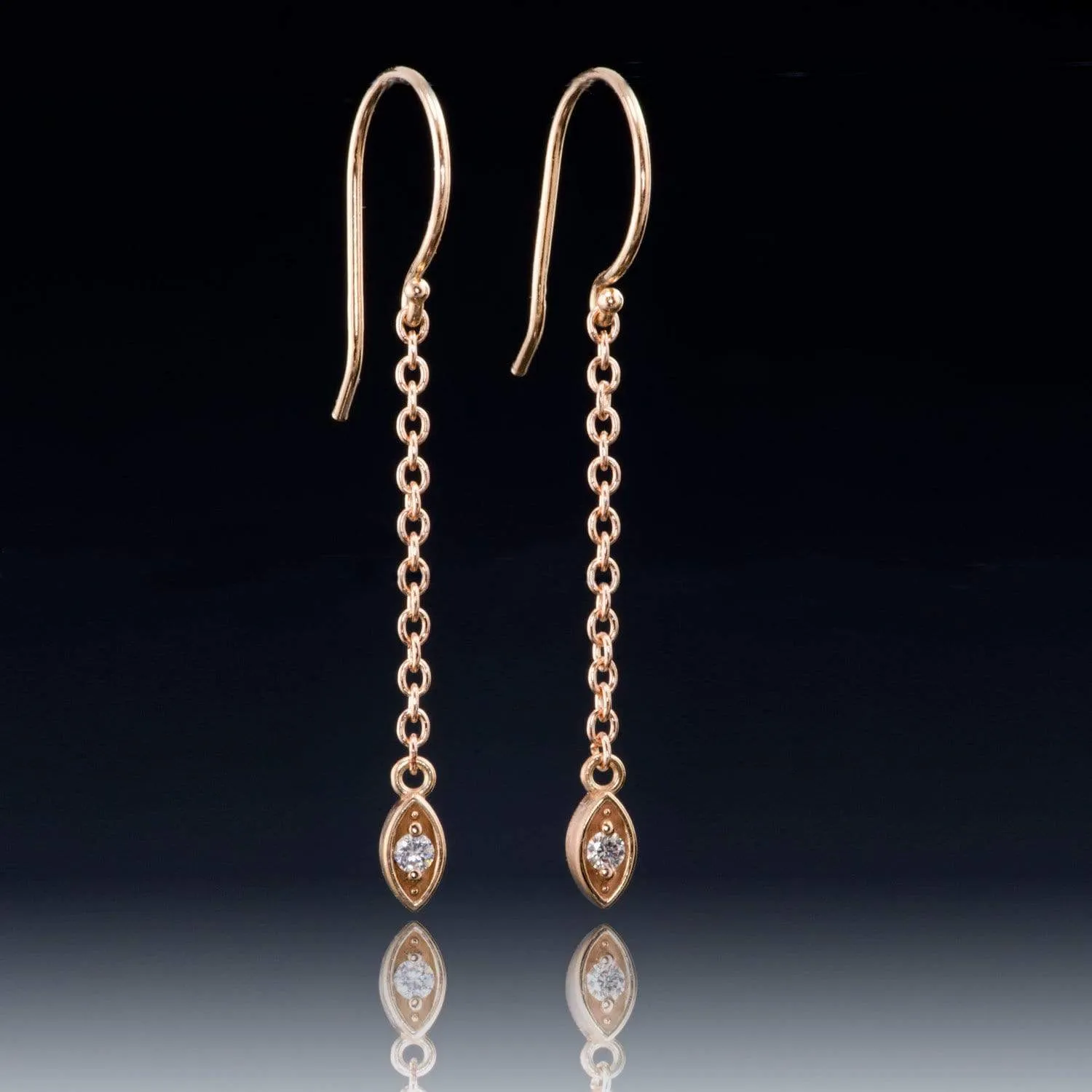 Diamond & Rose Gold Marquise Shape Long Dangle Earrings, ready to ship