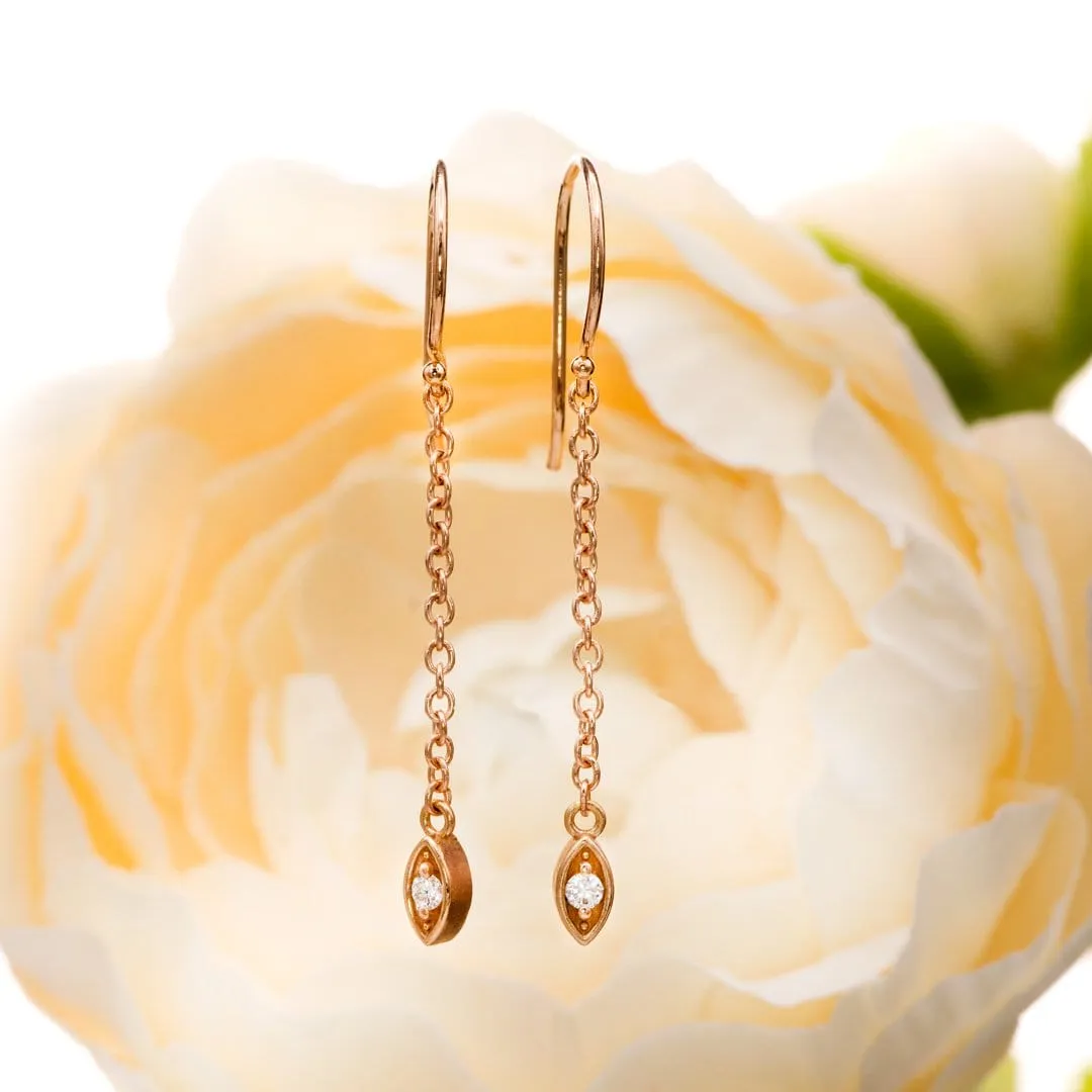 Diamond & Rose Gold Marquise Shape Long Dangle Earrings, ready to ship