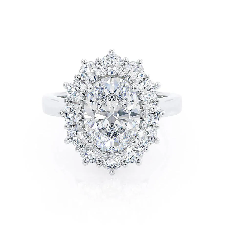 DIANA - Iconic Oval Moissanite & Lab Diamond 18k White Gold Halo