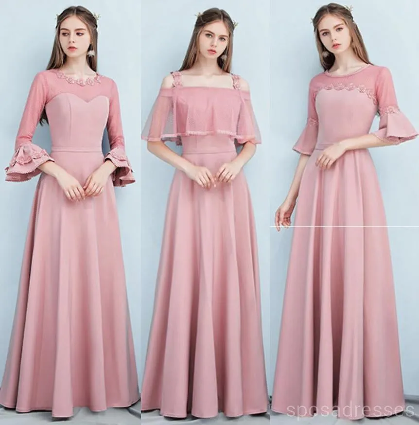 Dusty Pink Floor Length Mismatched Simple Cheap Bridesmaid Dresses, WG518