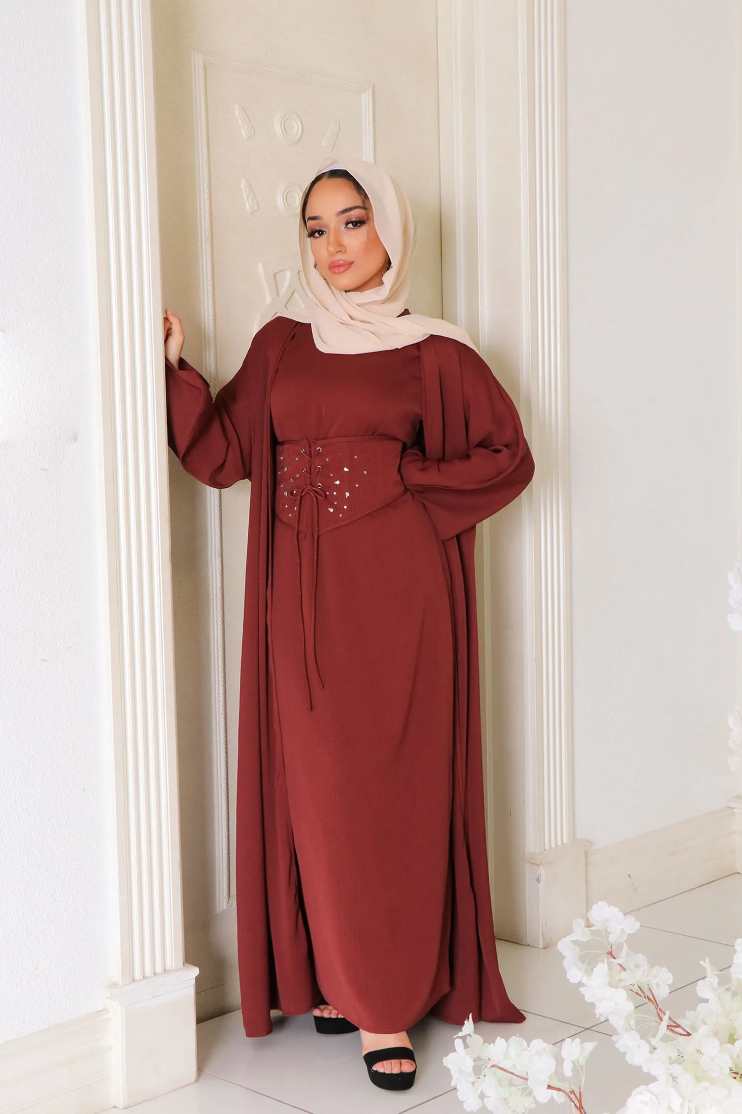 Elmas textured Corset Abaya Set- Burnt Sienna